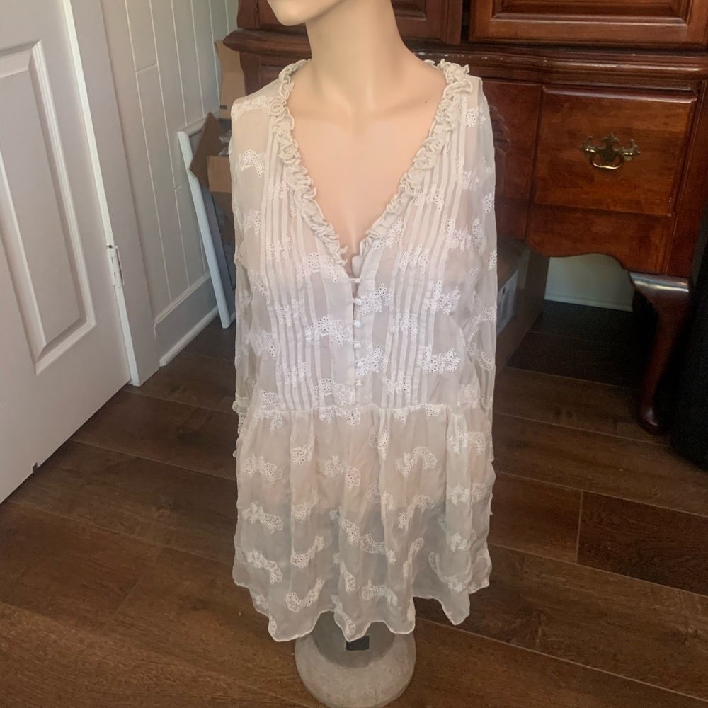 Sheer Lace-Trim White Peasant Blouse